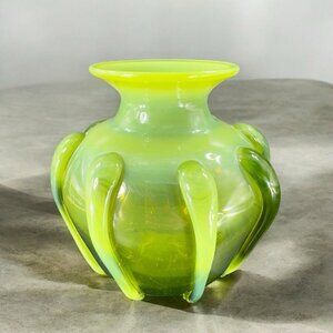 Antique Bohemian Hand Blown Green Opalescent Applied Glass Vase Vessel Vintage